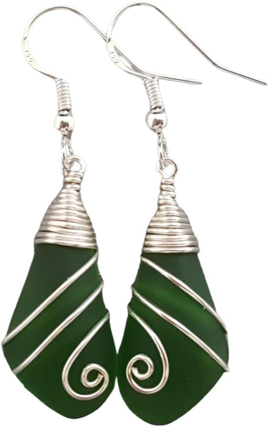 Yinahawaii Handmade Hawaiian Sea Glass Earrings, Wire Wrapped Swirls Earrings, Sea Glass Jewelry For Women Beach Jewelry For Women, Unique Birthday Gift For Women