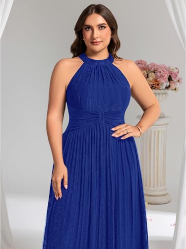 Image of Ever-Pretty Plus Women's Floor Length A-Line Halter Sleeveless Pleated Glitter Plus Size Formal Dress Evening Gown