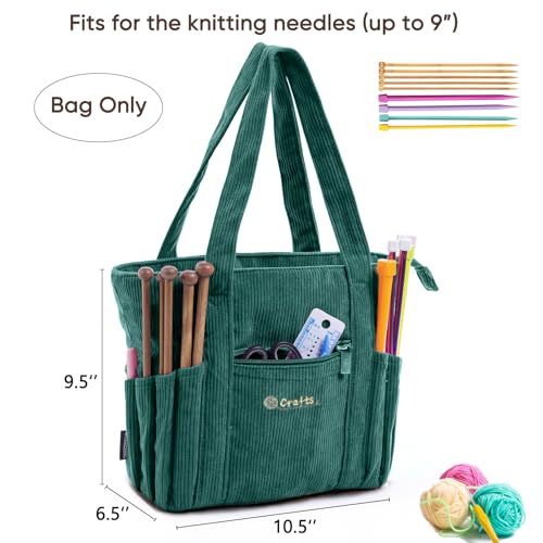 MYBAGZING Crochet Bag and Tote Bag - Corduroy Yarn Bag - Yarn Holder with Pockets for Crochet Hooks, Knitting Accessories