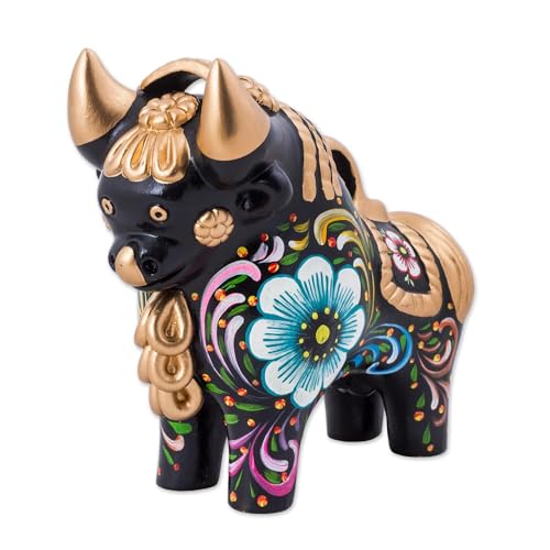 NOVICA Black Metallic Animal Themed Ceramic Sculpture, Big Colorful Pucara Bull'