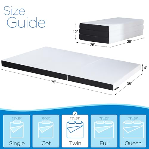 4 inch Twin Tri-Folding Memory Foam Mattress, Portable Trifold Mattress Topper with Washable Cover, Non-Slip Bottom for Camping, Guest Bed, 75"x38"x4"