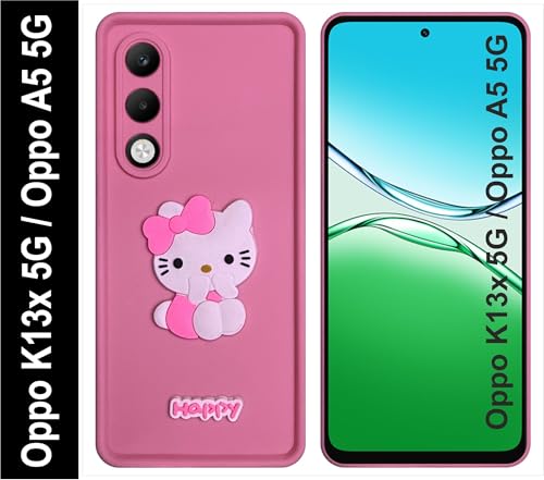 Image of Silicone Back Cover Case for Oppo K13x 5G / Oppo A5 5G | Cute Fun 3D Happy Kitty Design Silicone Case | Camera Protection Bump | Shockproof Back Cover Case for Oppo K13x (Pink)
