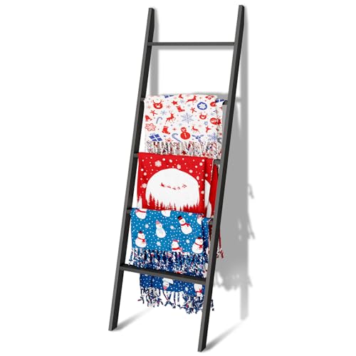 5-Tier Blanket Ladder Wooden, Non-Folding 4.8FT(57.5'') Blanket Quilt Towel Holder Rack Decorative Ladder, Easy Assembly, Rustic Farmhouse Ladder Shelf for The Living Room Bedroom Home Decor, Black