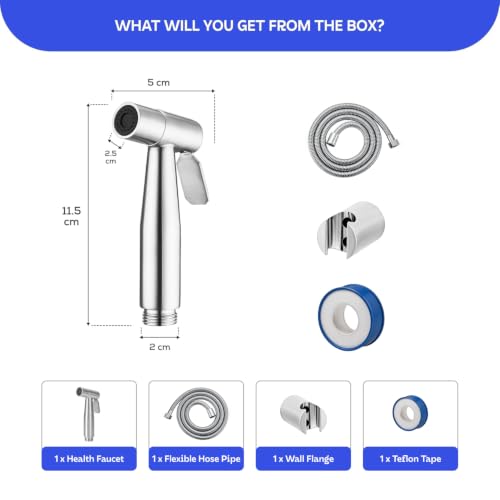 Image of Amazon Basics Pure SS 304 Stainless Steel Health Faucet Set Chrome Finish | Jet Spray Gun with Hose Pipe and Holder for Toilet | Bathroom Bidet Sprayer Kit
