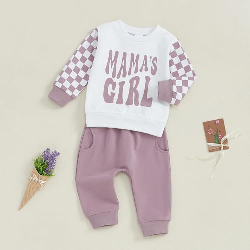 Toddler Baby Girl Fall Winter Outfit Mamas Girl Long Sleeve Checkerboard Sweatshirt Jogger Pant Infant Clothes Set2