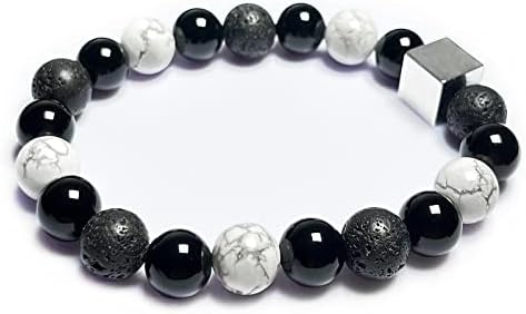 JYUCING Crystal Bracelet Natural Black Onyx Lava White Turquoise Stone Healing Stone 10mm Round Beads Hematite Square Bead Stretch Bracelet 7.2" Unisex