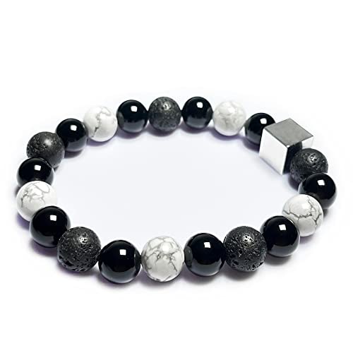 Jyucing Crystal Bracelet Natural Black Onyx Lava White Turquoise Stone Healing Stone 10Mm Round Beads Hematite Square Bead Stretch Bracelet 7.2" Unisex #TOP3