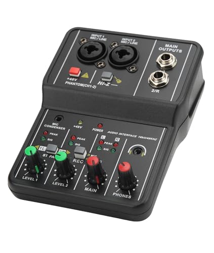 Mini Mixer Audio, 2 Canali USB Portatile Scheda Audio Live Scheda Audio Console con Alimentazione Phantom 48V, Mixer DJ 16 BIT 48 KHZ, per Registrazione Karaoke Streaming Youtube
