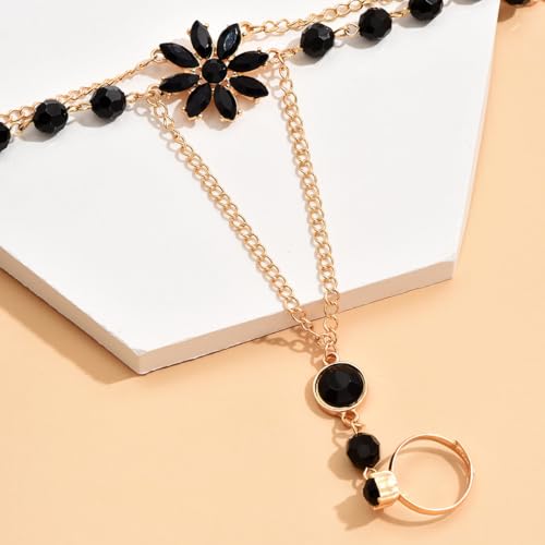 BOOZIQ Hand Chain Bracelets for Women Elegant Gemstone Flower Hands Harness Bracelet Adjustable Finger Ring Bracelet Hand Chain Wrist to Finger Hands Jewelry Gift for Women Black by BOOZIQ - Used condition - Image 6