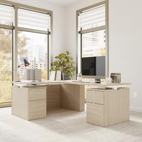 Image of Bush Business Furniture 60-inch Height Adjustable L Shaped Standing Desk with Drawers, Ergonomic Sit-Stand Computer Table for Office, Stratus Collection, Natural Elm with White Base
