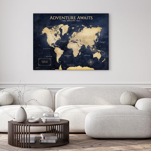 Image of IPIC - Vintage Teal World Map Pin Board Canvas Wall Art, Travel Map with Pins Included, Ready to Hang for Home or Office 40x30 Inch