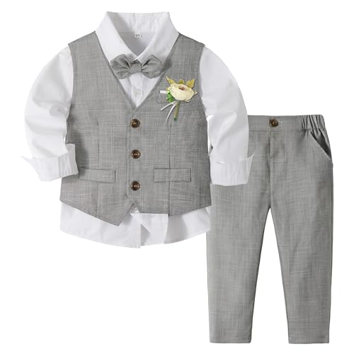 Volunboy Toddler Boys Grey Vest Pants Set Wedding Bowtie Guest Gentleman Ring Bearer Suits Formal White Dress Shirt Graduation Tuxedo (Grey, 4-5T)