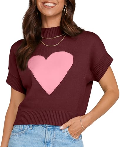 Image of TARSE Womens Cropped Sweater Vest Casual Mock Neck Loose Fit Knit Sweater Pullover Top Trendy Cute Heart Cap Sleeve Tops