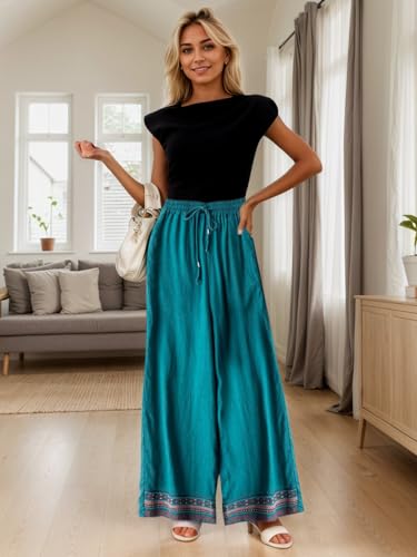 TIAFORD Women’s Cotton Linen Ethnic Embroidered Hem Wide Leg Pants Drawstring High Waist Casual Loose Trousers with Pockets2