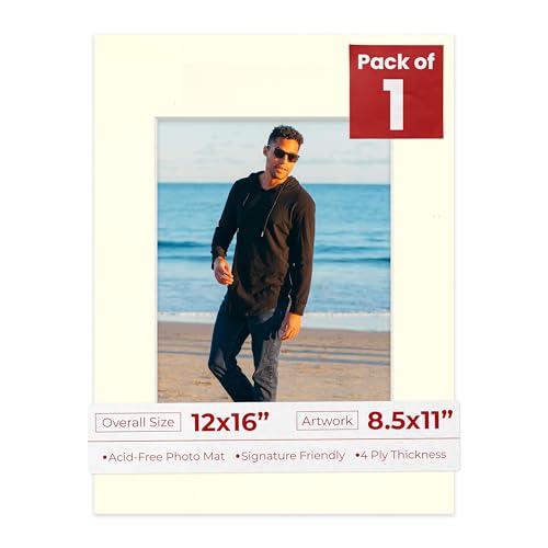 8.5x11 Mat for 12x16 Frame - Precut Mat Board Acid-Free Show Kit with Backing Board, and Clear Bags Textured Cream 8.5x11 Photo Matte For a 12x16 Picture Frame Matboard for Framing, Pack of 1 Mat