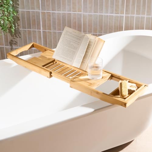 OHS Wooden Bath Tray, Bath Shelf Bathroom Accessory Home Spa Board for Adults Extendable Bathtub Caddy Bamboo Bathroom Accessories Set Bathtub with iPad & Phone Holder, Natural