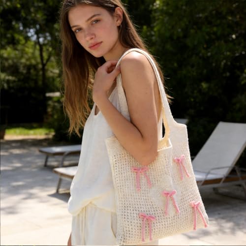 Image of PALAY Tote Bag for Woman Girls Bow Crochet Shoulder Bag Coquette Cute Knitted Women Handbags