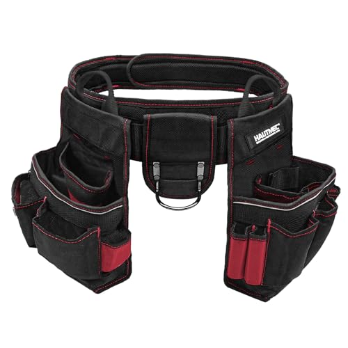 HAUTMEC Heavy Duty Tool Belt, 20-Pocket Tool Pouch with Reinforced PVC Base, 1680D Work Belt with Padded Waist Support, Drill Holder, Hammer Loop & Tape Clip for Construction (HT0177)