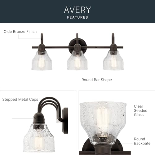Kichler Avery 24" 3 Light Bathroom Vanity Light in Olde Bronze, Vintage Bathroom Wall Mount Fixture with Clear Seeded Glass, (24" W x 9.25" H), 45973OZ by Kichler - Image 5