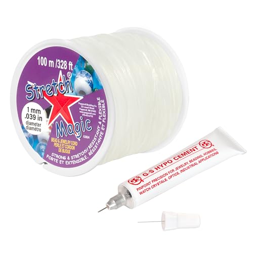 Image of Stretch Magic Bead & Jewelry Cord - Strong & Stretchy, Easy to Knot - Clear Color - 1mm Diameter - 100-meter (328 ft) Spool - Elastic String for Making Beaded Jewelry - Bonus Hypo Cement Glue