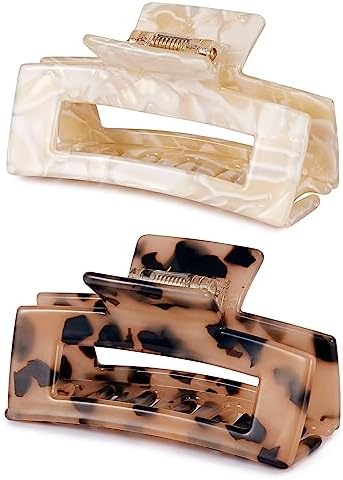 3 inch Hair Claw Clips Cutout Tortoise Shell Celluloid Hair Jaw Clips French Design Rectangle Hair Clamp for Women Ladies Girls (2 Pack)