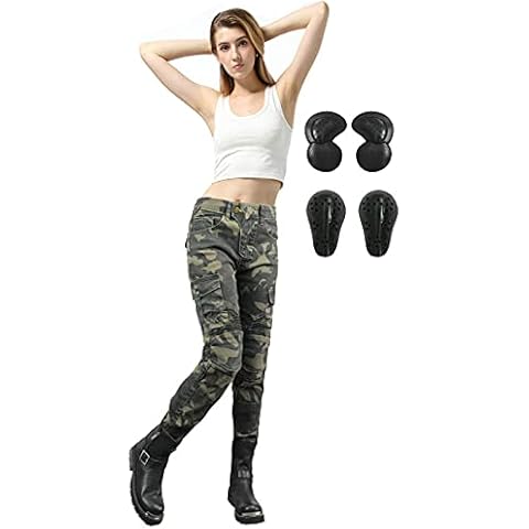 SHAIYOU Womens Motorcycle Trousers,Ladies Motorbike Protective Camo Jeans Riding Motocross Stretch Racing Pants with 4 Removable Armour (Green,M) Cover