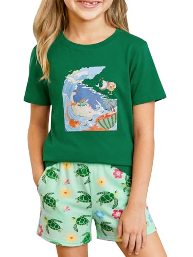 Haloumoning Schlafanzug Mädchen Sommer Kurzarm Pyjama Set Rundhals Niedlich Druck T-Shirt und Shorts Set Casual Weich Loungewear Set Zweiteiliger Nachtwäsche Grün 11-12 Jahre