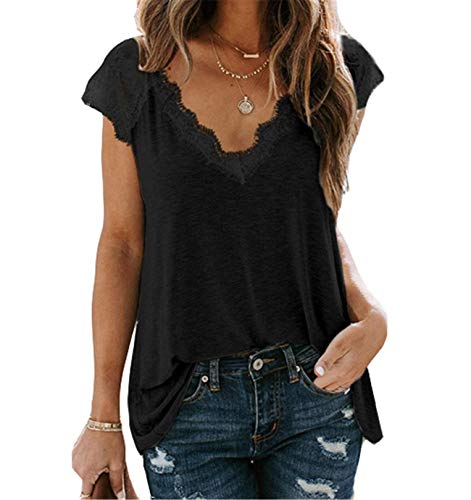Camiseta de Verano para niñas Manga Corta con Cuello en V Costuras de Encaje Top Informal con Estilo suelto-BK-2XL Cover
