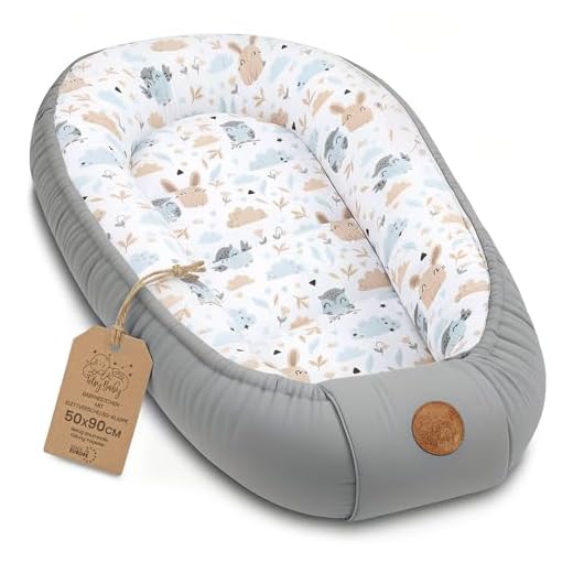 Babynest Kokon Neugeborene - Handmade Kuschelnest Baby Nestchen aus Baumwolle mit Oeko-Tex Zertifikat (Eulen und Hasen mit Hellgrau, 90 x 50 cm)