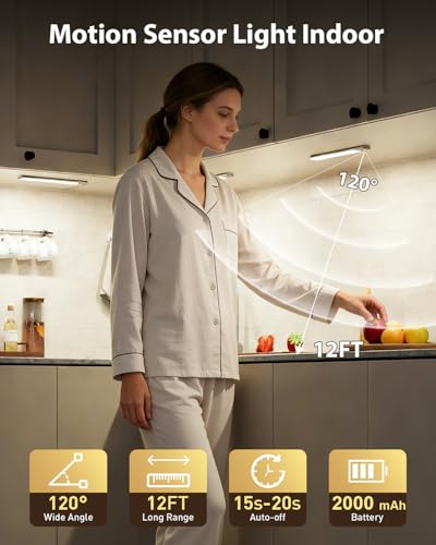 Image of 80-LED Under Cabinet Lighting, 12inch Rechargeable Motion Sensor Light Indoor, Magnetic Dimmable Closet Lights, Wireless Under Counter Lights for Kitchen, Stairs,Hallway 4 Pack