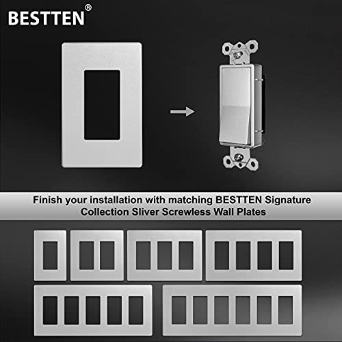 [10 Pack] Bestten Silver Single Pole Light Switch With Screwless Wallplate, Decorator Wall Switch, On/Off Rocker Paddle Interrupter For Led And Other Lamps, Signature Collection, 15A 120V, Ul Certifi #TOP3