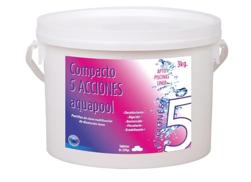 Compacto 5 ACCIONES AQUAPOOL (3 KG) - Pastillas de Cloro multifunción - Disolución Lenta - Apto Piscinas Liner