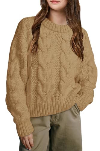 Girls Cable Knit Sweaters Chunky Long Sleeve Crewneck Drop Shoulder Warm Pullover Sweater Tops Size 5-14Y, Khaki, 13-14 Years