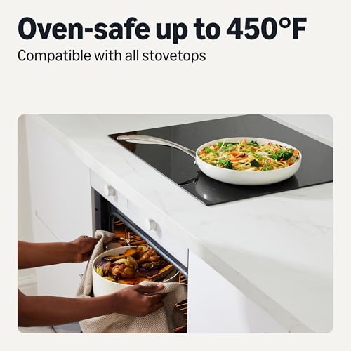 Image of Amazon Basics Ceramic Nonstick Cookware, 8-Piece Set of Pots and Pans, Dishwasher and Oven-Safe, All Cooktop Induction Friendly, Ivory