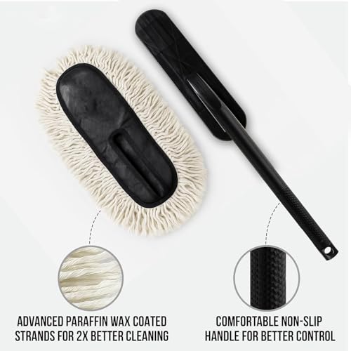 Image of Car Duster with Paraffin Wax-Treated Cotton Strands | Scratch-Free Dry Dust Cleaner for Cars | Lint Free Reusable Exterior Cleaning Brush