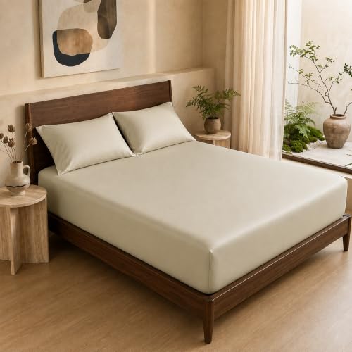 Image of HOMEMONDE 100% Bamboo King Size Fitted Bedsheet with 2 Pillow Covers | 300 TC Luxury Cooling Elastic Fitted Sheet | Ultra Soft, Breathable & Moisture Wicking | (Taupe, 78x72 Inches)