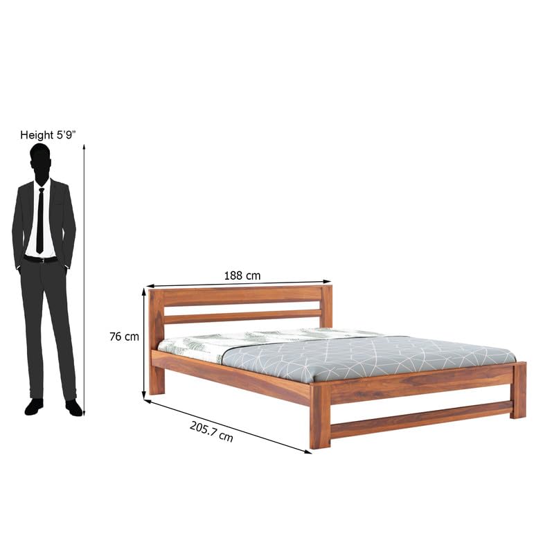 Image of Wooden King Size Bed Without Storage | Wooden Double Bed Cot Bed for Bedroom Furniture | Palang Double Bed for Hotels | Solid Sheesham Wood | Honey Finish