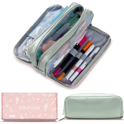 Image of EMUFOOK Large Capacity Pencil Case 3 Compartments Pencil Pouch Organizer with Zipper Portable Stationery Pen Bag Cute Aesthetic Gift for School Teen Girls Boys Men Women, Green