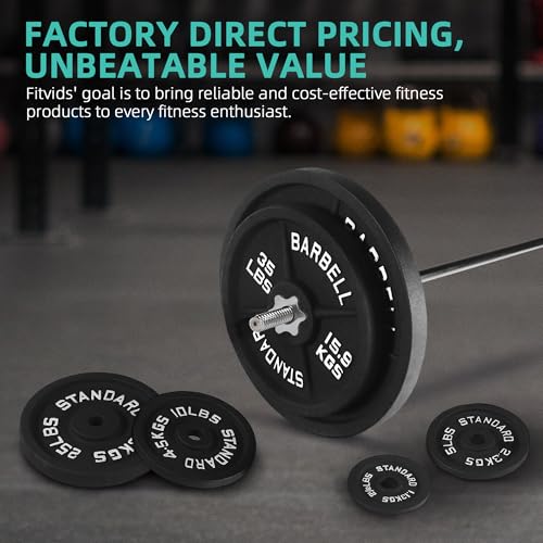 Image of Fitvids Barbell Weight Set, Cast Iron 1 inch Standard Weight Plates Including 5FT Standard Barbell Bar & Star Locks, 95 Pounds Set (85 Lbs Plates + 10 Lbs Barbell Bar), Multiple Packages