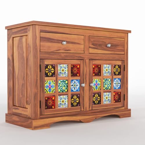 Image of Sheesham Wood Sideboard and Cabinets | Wooden Side Board Small Cabinet with Multicolor Tiles for Living Room | Free Standing Cabinet with 2 Drawers & 2 Door Storage | Natural Finish