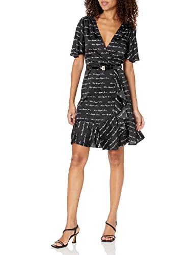Karl Lagerfeld Paris Women's Script Logo Short Sleeve, Soft Dresses With Wrap Detail And Classic Belt, Black Sft White, 10 #TOP16