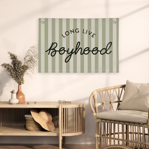 Image of Long Live Boyhood Linen Banner Hanging Vintage Sage Green Stripes Flag Banner for Nursery Playroom Wall Decor for Kids Bedroom Living Room Dorm Toddler Decorations Trendy Room 30x20 boyroom