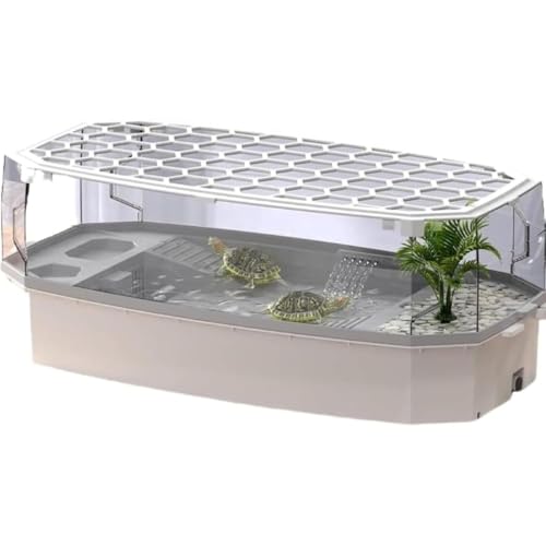 AKILER 亀の水槽 蓋付き カメ用 プラスチック 飼育ケース アクリル ケージ ボックス 観察 排水孔 階段 エサ皿 滑り止め 休憩プラットフォーム 脱出防止 槽 爬虫類ケージ 両生類用 ボックス (S-白)