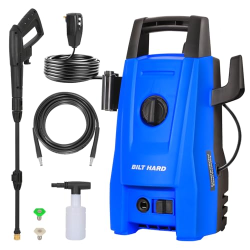 BILT HARD Electric Pressure Washer, 1800 PSI 1.7 GPM Power Washer, Ultra Compact, Lightweight, with 2 Spray Nozzles, 20 Ft Hose, 35 Ft Power Cord, Foam Cannon, for Cleaning Cars, Driveway, Fencing