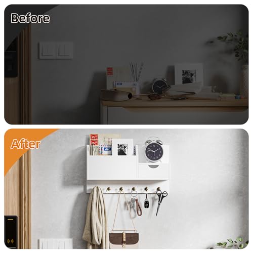 Key Rack, Wall Mount with 6 Hooks and Storage Drawer, Wooden Key Holder, Wall Key Hook, Wall Shelf for Key Fob Organiser, for Entrance, Living Room, Hallway, Office (White) - Cosy Home Interiors Key Rack, Wall Mount with 6 Hooks and Storage Drawer, Wooden Key Holder, Wall Key Hook, Wall Shelf for Key Fob Organiser, for Entrance, Living Room, Hallway, Office (White) - Image 7