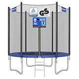 SONGMICS Kinder Outdoor Trampolin Ø 183 cm, Außenschutznetz, Sicherheitskissen, Leiter, 180 cm hohe gerade Stange, Stahlrahmen, schwarz und blau STR061Q01