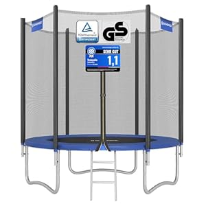 SONGMICS Kinder Outdoor Trampolin Ø 183 cm, Außenschutznetz, Sicherheitskissen, Leiter, 180 cm hohe gerade Stange, Stahlrahmen, schwarz und blau STR061Q01