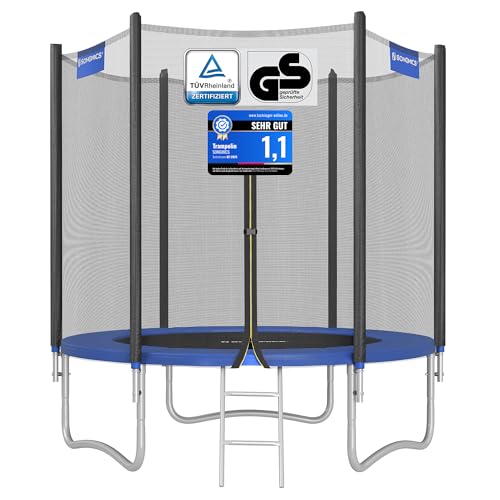 SONGMICS Kinder Outdoor Trampolin Ø 183 cm, Außenschutznetz, Sicherheitskissen, Leiter, 180 cm hohe gerade Stange, Stahlrahmen, schwarz und blau STR061Q01