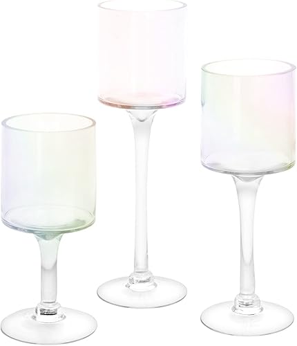 Koyal Wholesale Portavelas de cristal de tallo largo para centro de mesa, decoración del hogar, juego de 3 (iridiscentes)