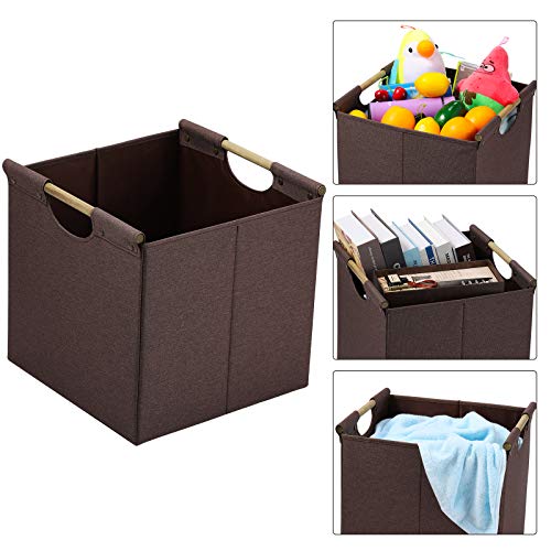 Hoonex Collapsible Storage Bins, 13X13X13 Inches Storage Cubes Linen Fabric, 3 Pack, Storage Baskets With Wooden Carry Handles And Sturdy Heavy Cardboard, For Home, Office, Car, Nursery, Brown #TOP3